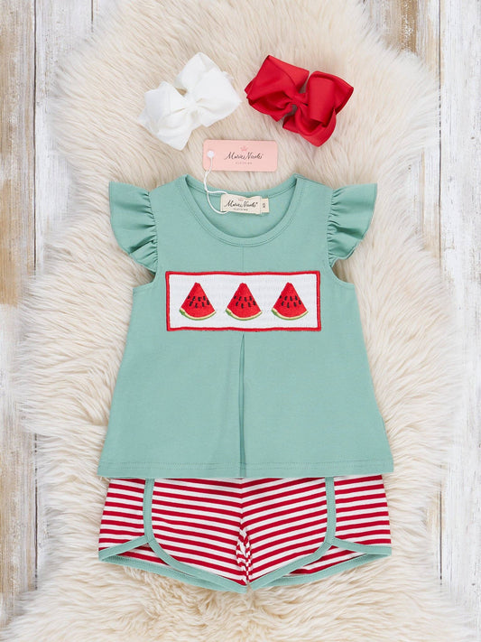 Watermelon Stripes Smocked Cotton Ruffle Outfit