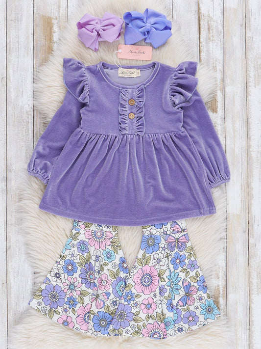 Floral Ruffle Velvet Bell Bottoms Outfit