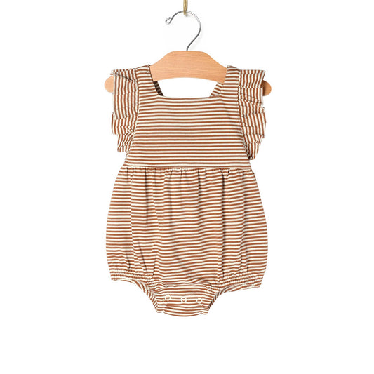 Overall Flutter Romper- Toffee Stripe