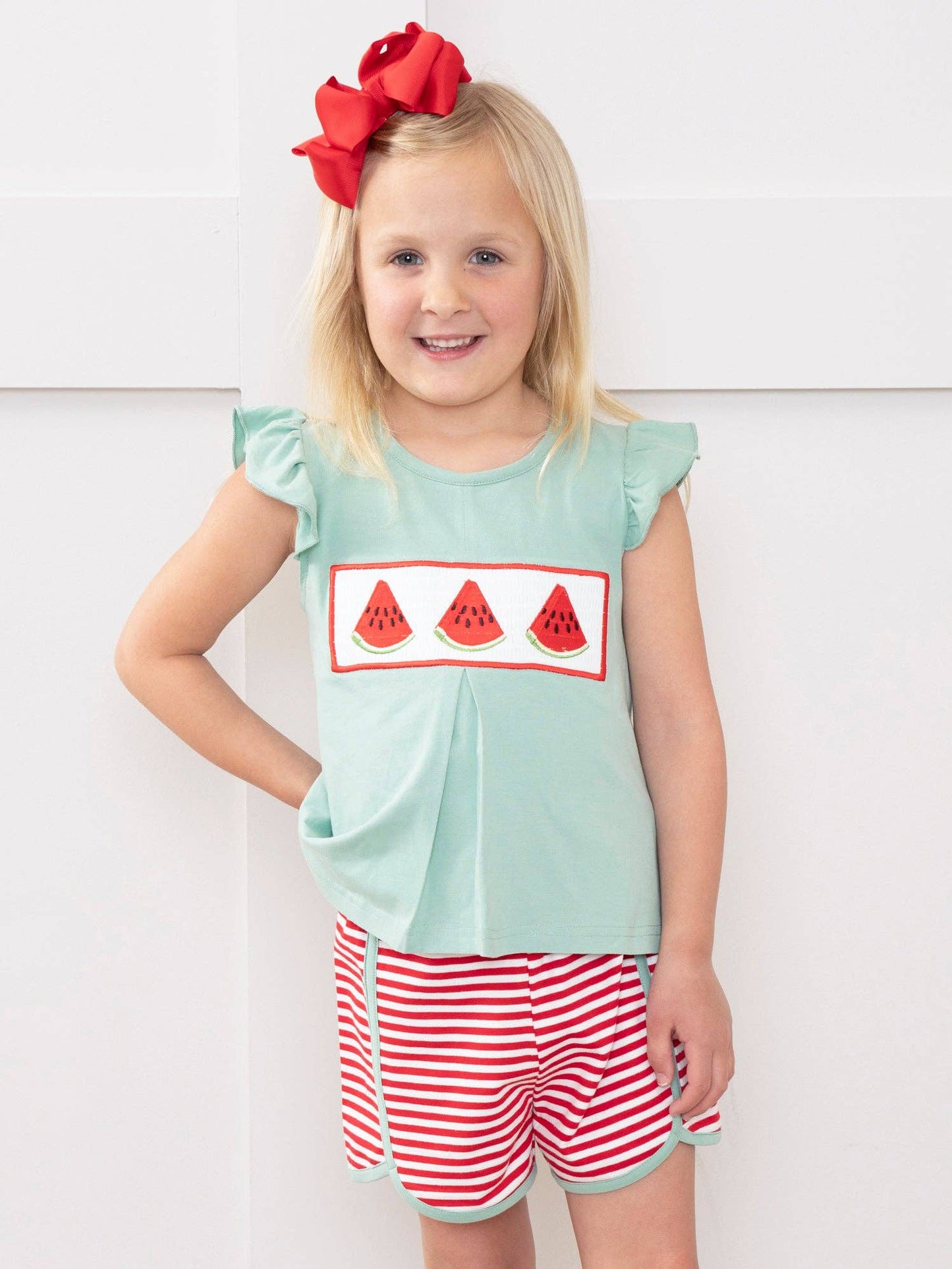 Watermelon Stripes Smocked Cotton Ruffle Outfit