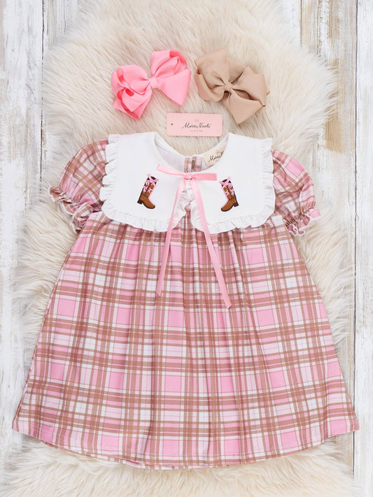 Cowgirl Cutie Boots Embroidered Plaid Dress