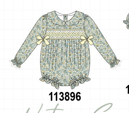 Smocked Sage Floral Bow Bubble