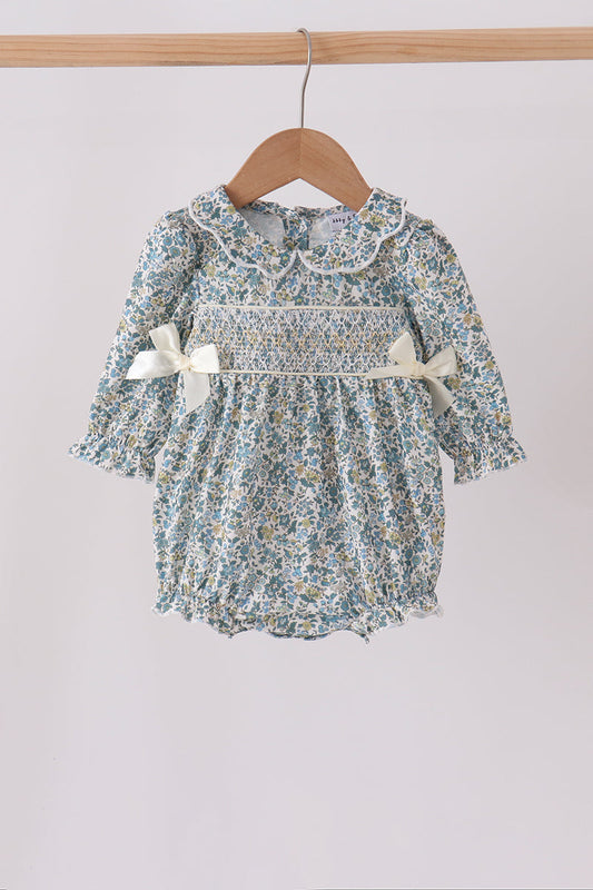 Smocked Sage Floral Bow Bubble