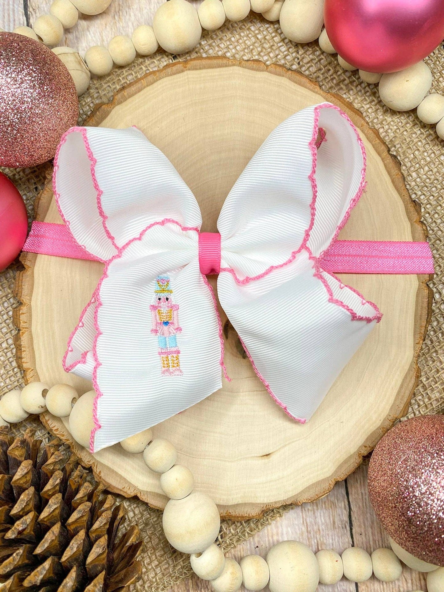 Pink Nutcracker Embroidered Moonstitch Hair Bow | Clip or Headband