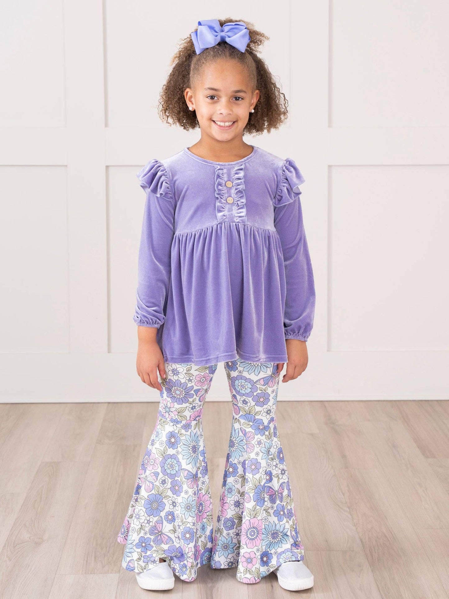 Floral Ruffle Velvet Bell Bottoms Outfit