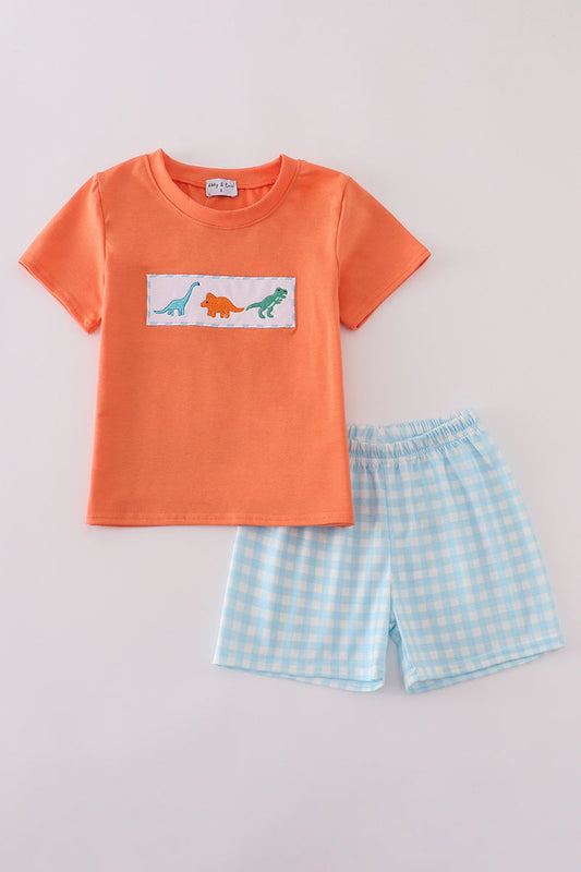 Blue Dinosaur Embroidery Shorts Set
