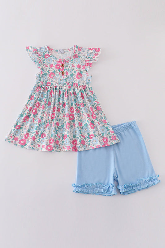 Blue Floral Shorts Set