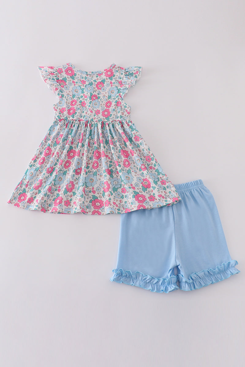 Blue Floral Shorts Set