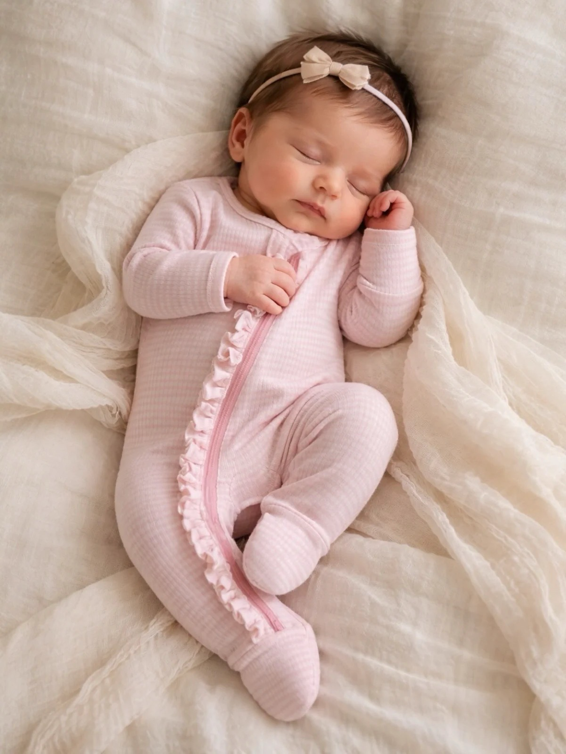 Pink Stripe / Ribbed Frill 2-Way Zip Footie