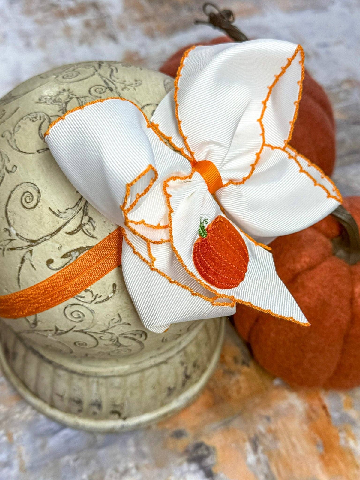 Pumpkin Embroidered Moonstitch Hair Bow | Clip
