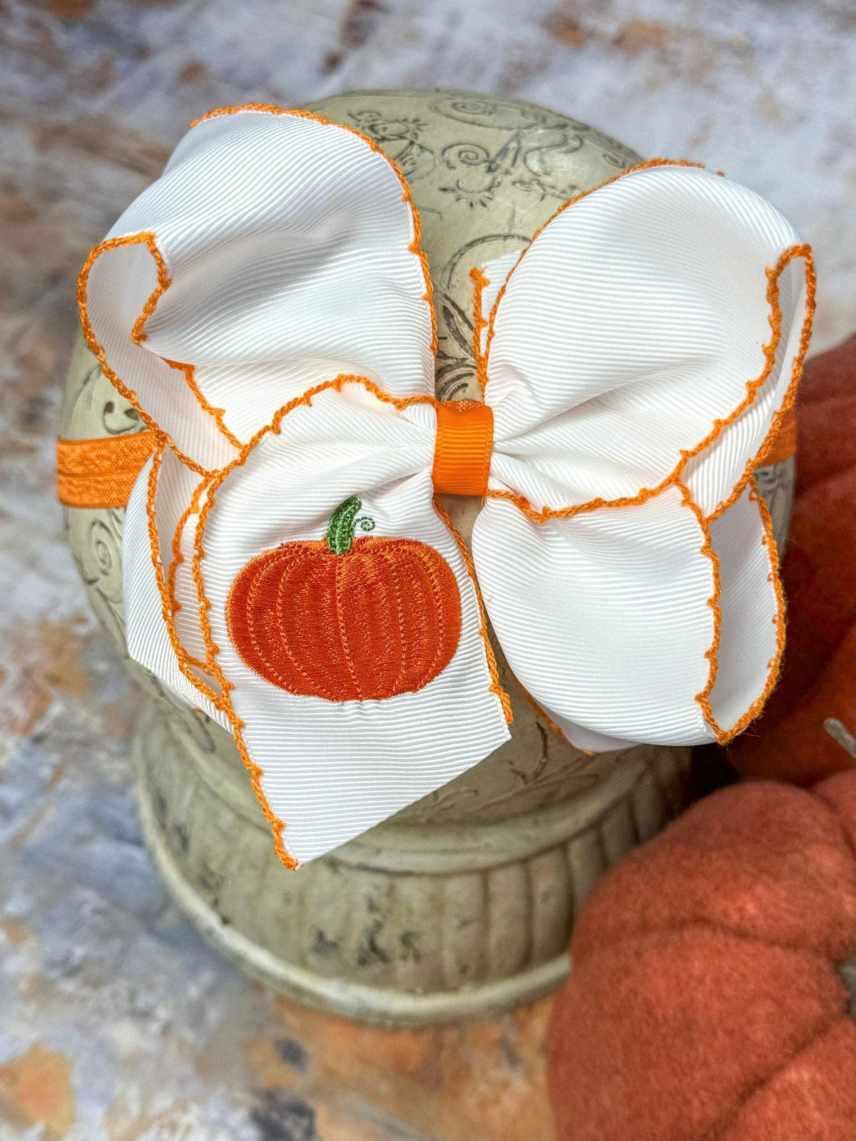 Pumpkin Embroidered Moonstitch Hair Bow | Clip