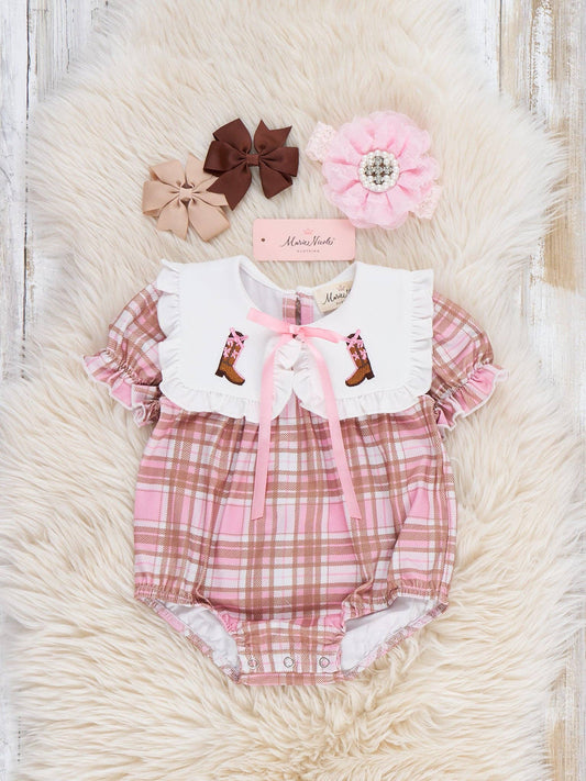 Cowgirl Cutie Boots Embroidered Plaid Romper