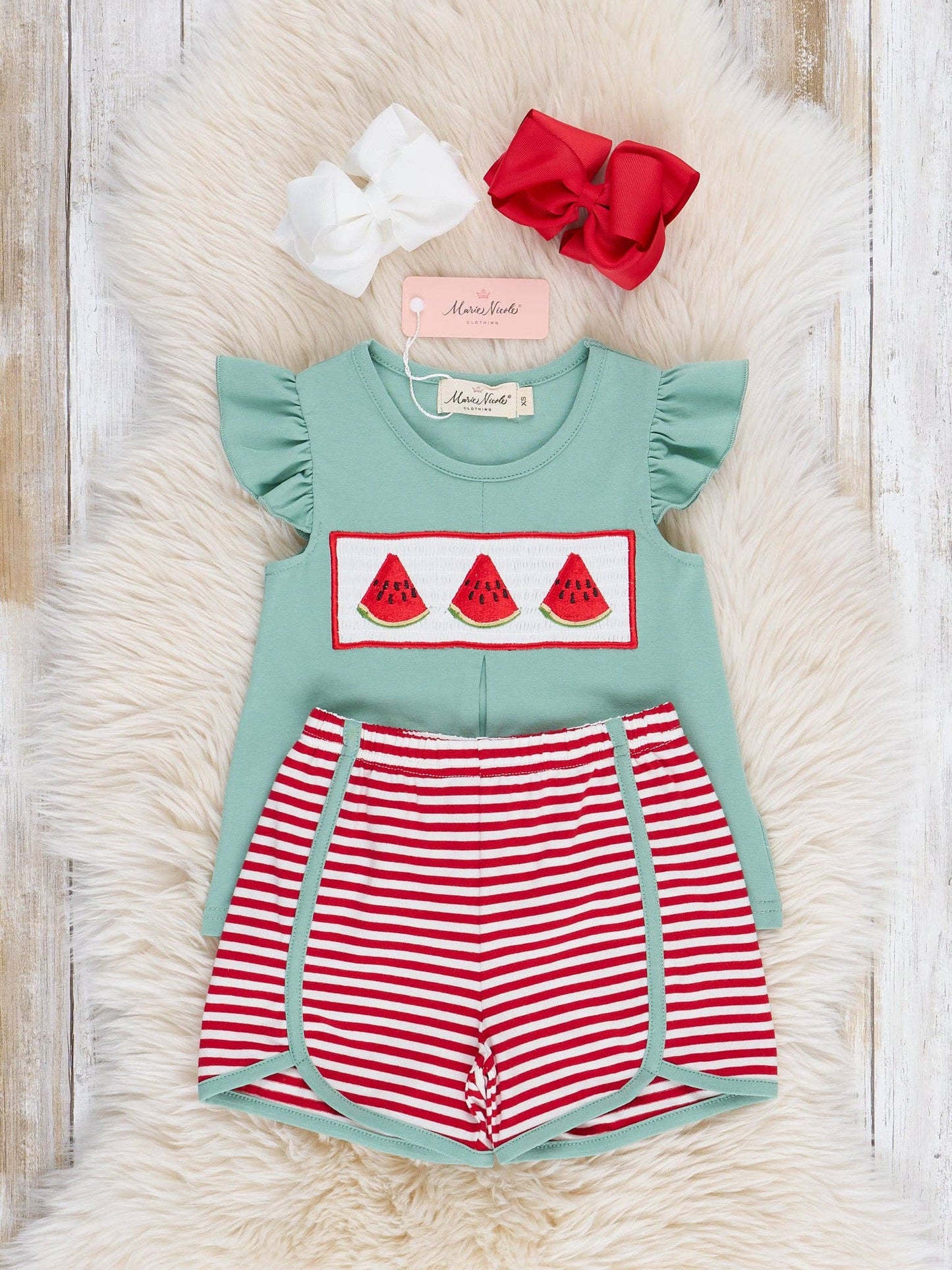 Watermelon Stripes Smocked Cotton Ruffle Outfit