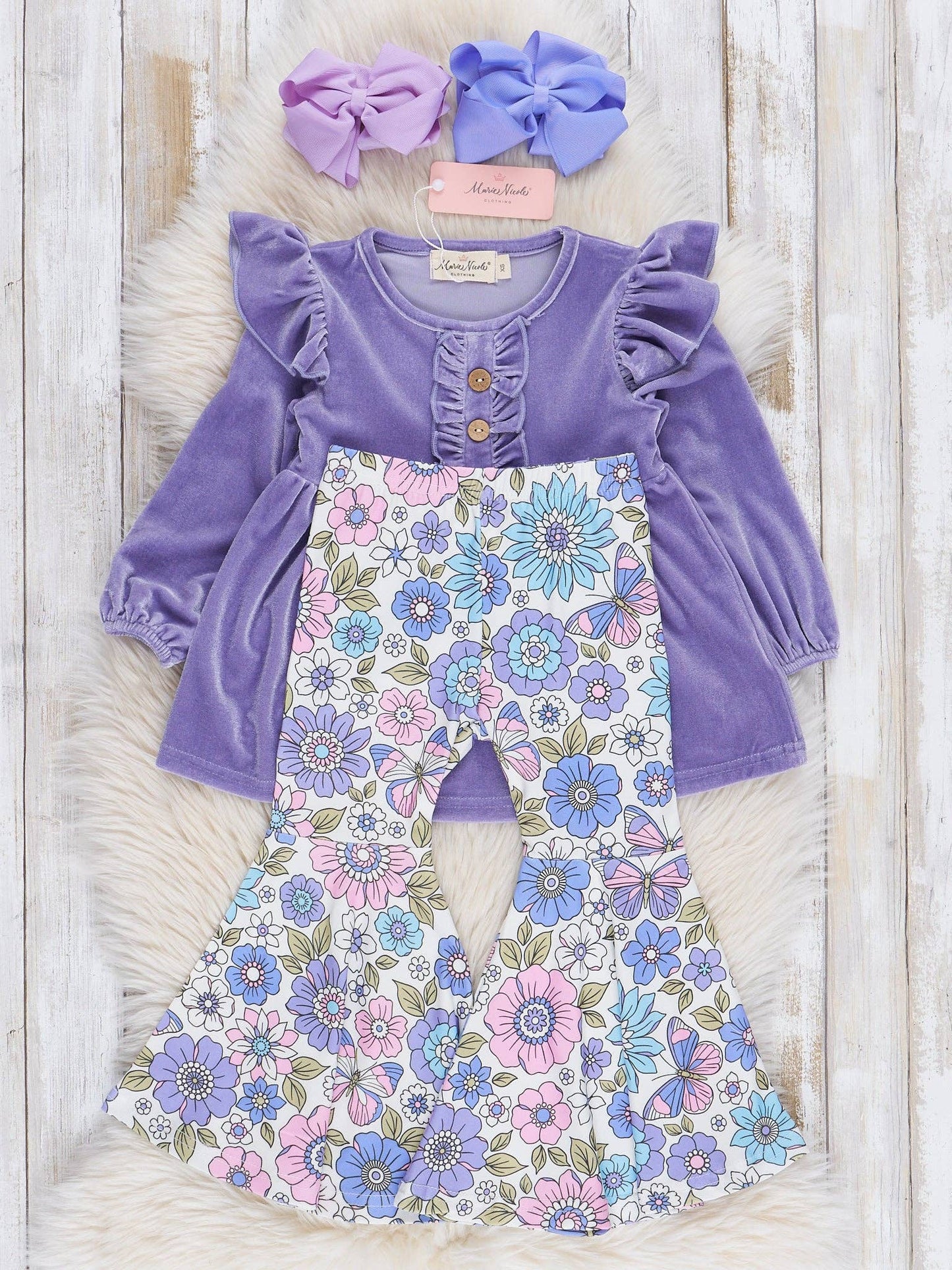 Floral Ruffle Velvet Bell Bottoms Outfit
