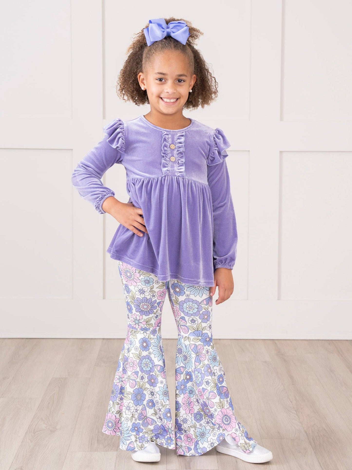 Floral Ruffle Velvet Bell Bottoms Outfit